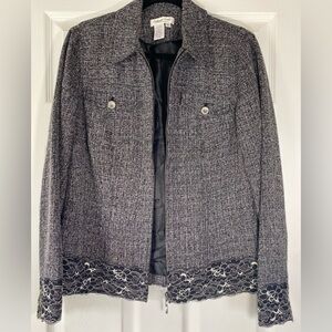 Charcoal Gray Blazer with Decorative Lace Trim and Structured Design